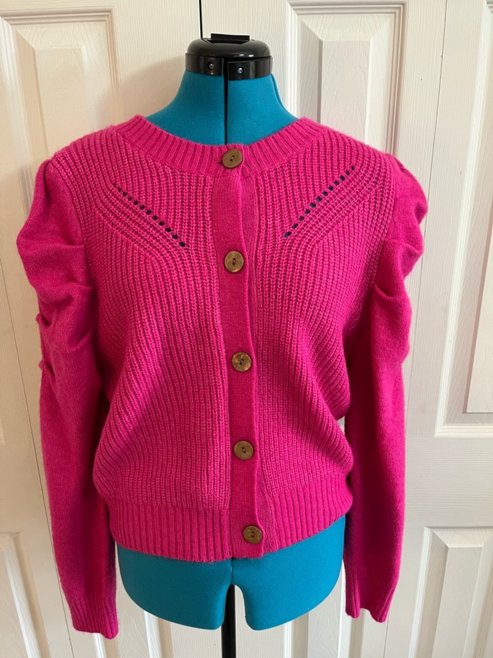 Bright Pink Button-Front Knit Cardigan Sweater